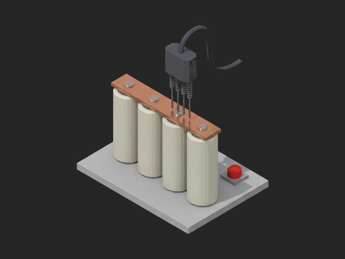 Four cylindrical cells under one copper busbar with four weld spots, a four-probe spring contact head touching one of the welds.