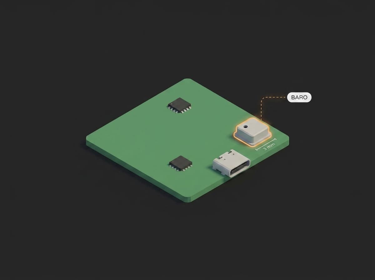 Flight-controller PCB with the metal-can barometer package and its pressure port highlighted, next to a 3 mm scale bar.