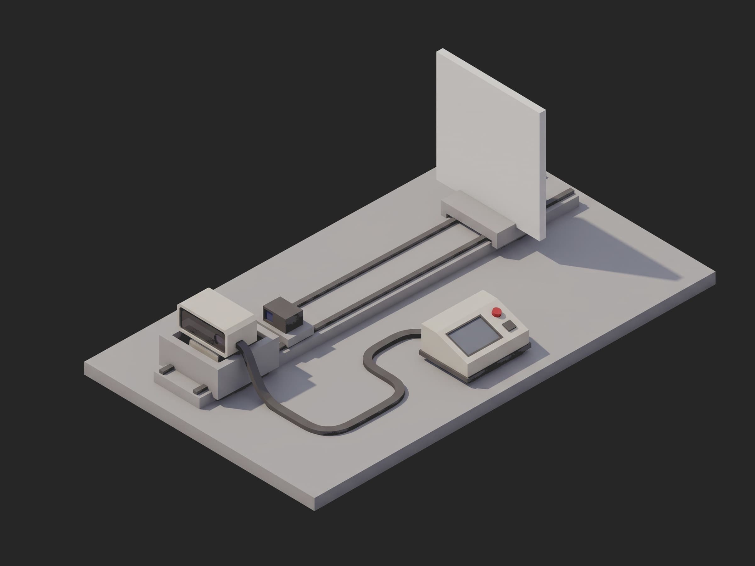Depth camera acceptance station: the camera in its nest at one end of a linear rail, the flat target board on the carriage, a rangefinder beside the camera, a bench instrument