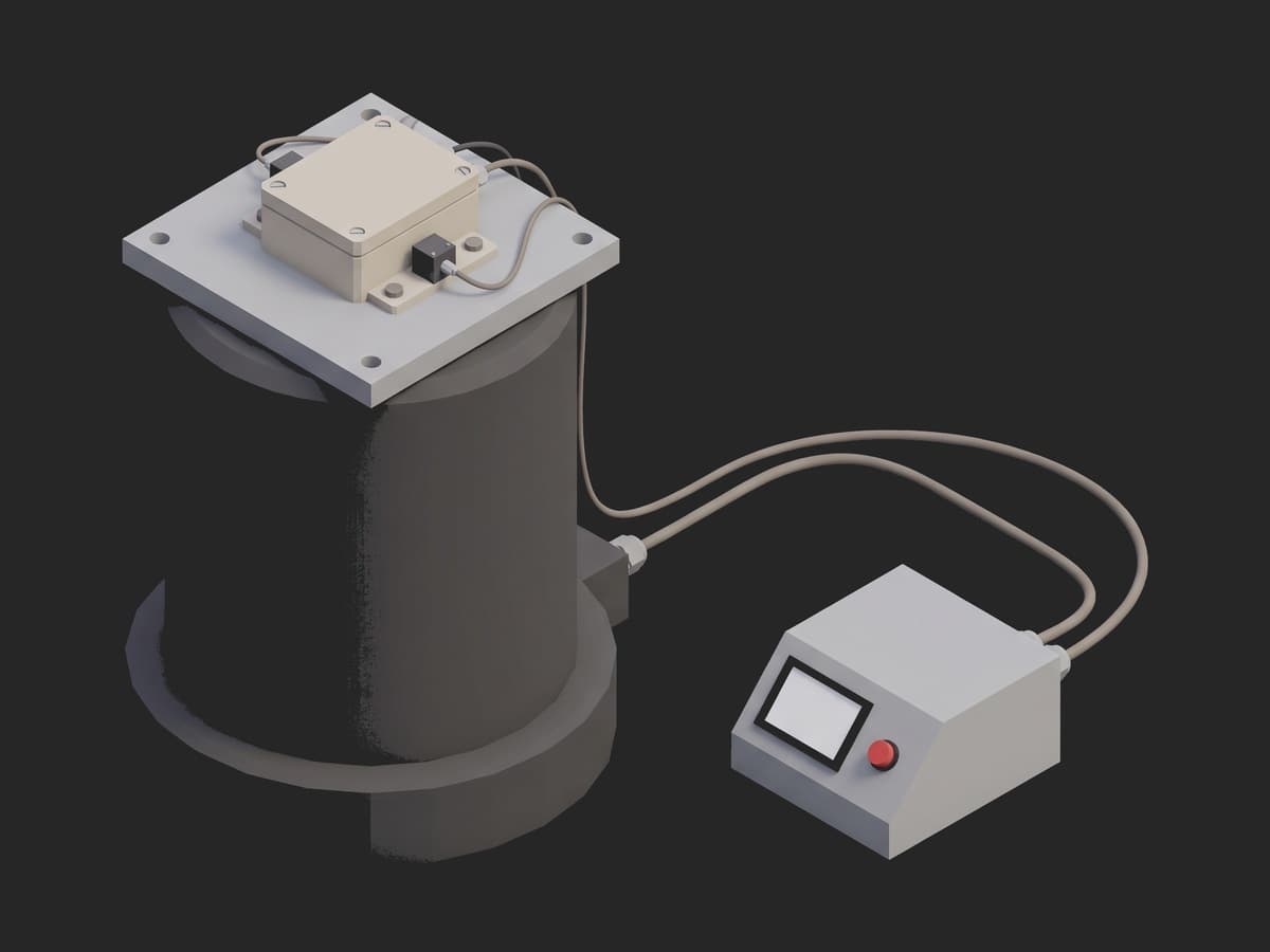 Random vibration bench: an electrodynamic shaker with the unit bolted on its head plate, a vibration controller instrument beside it