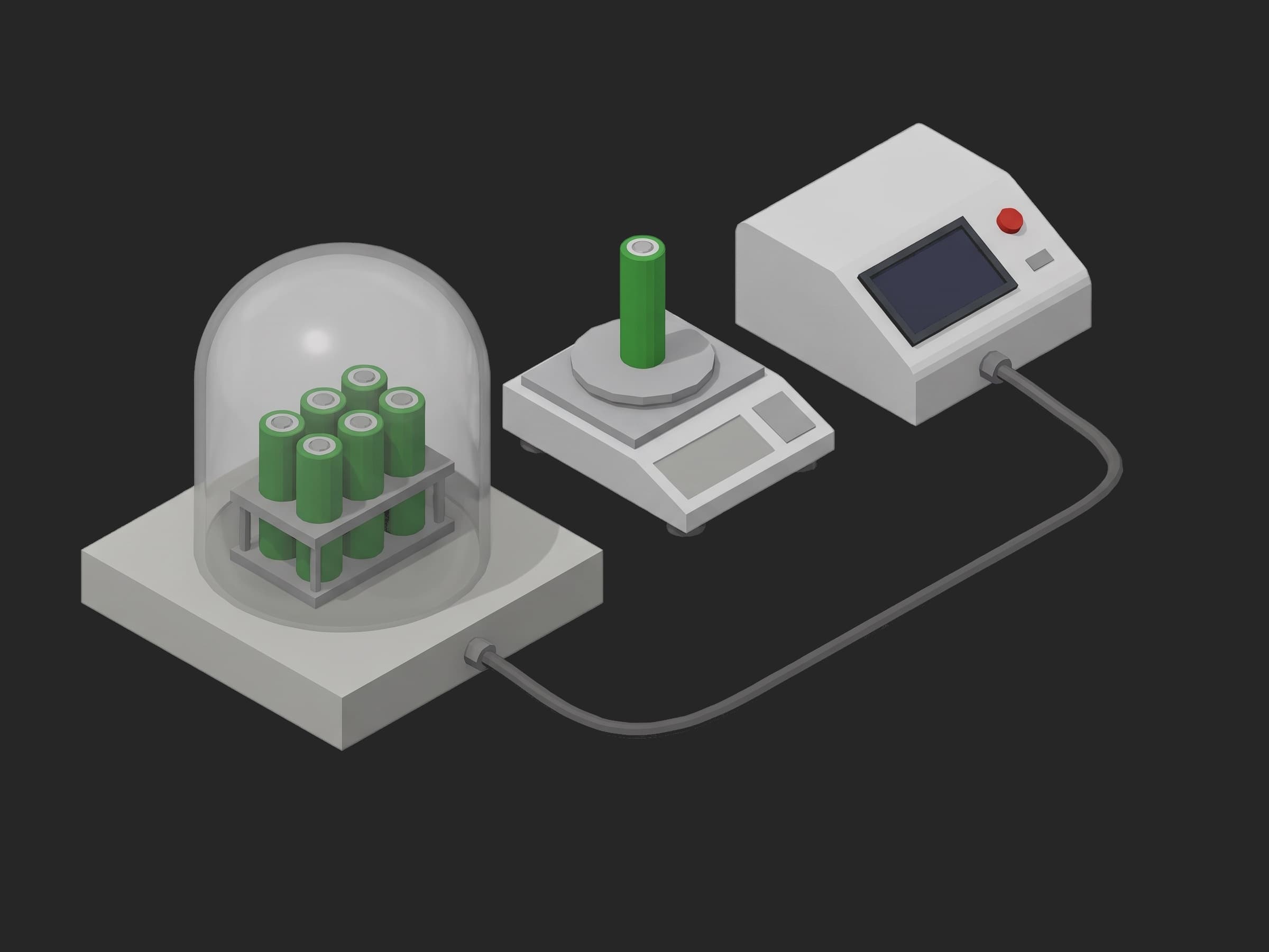 Cell screening bench: a rack of 18650 cells under a bell-jar vacuum chamber, an analytical balance with one cell on its pan, a battery tester instrument