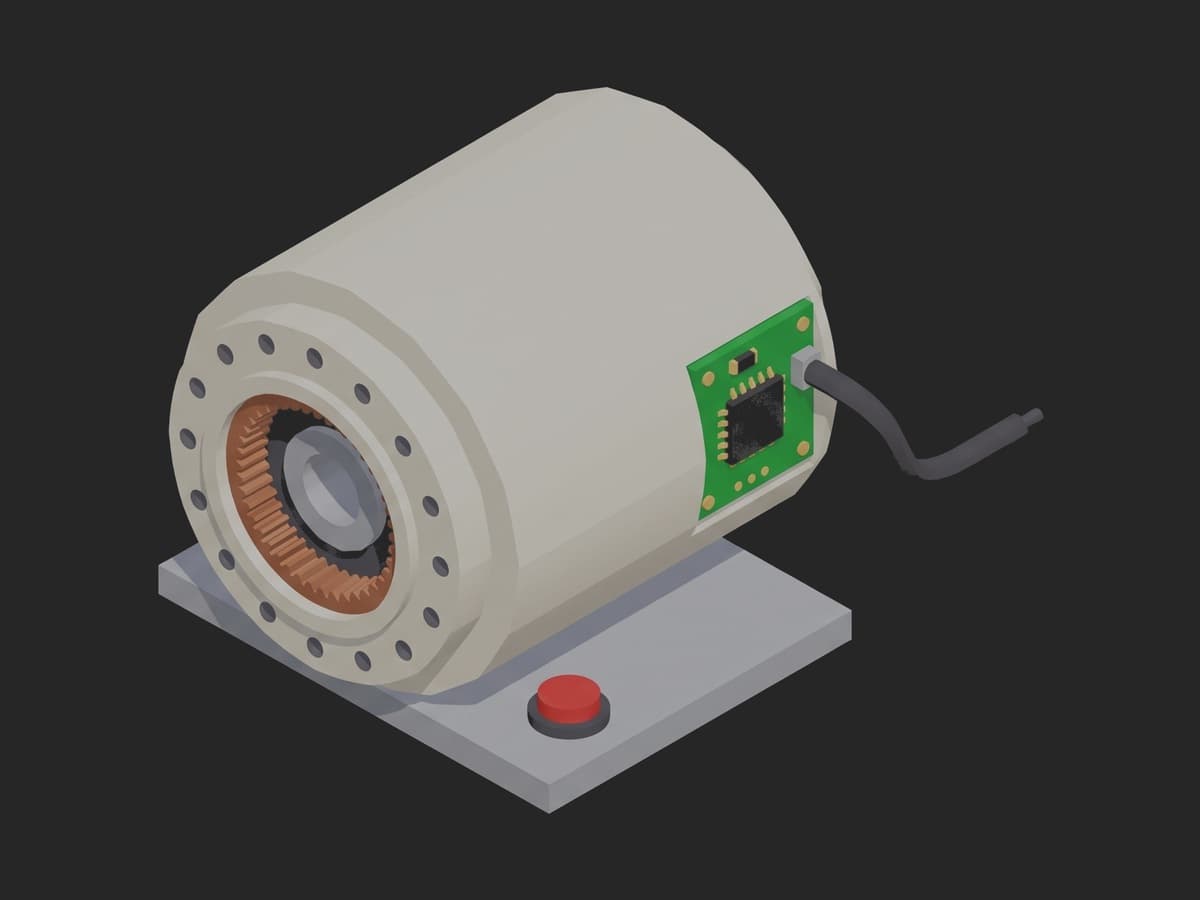A compact cylindrical joint actuator on a plate, its output flange with a bolt circle and the copper gear ring of the reducer facing the viewer, a small green drive PCB on the back of the can.