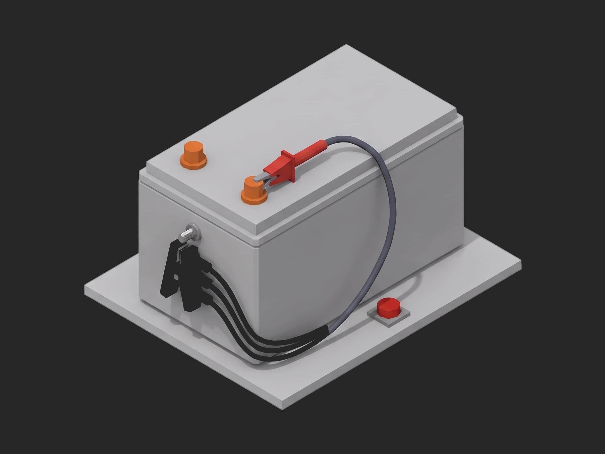 A traction battery pack case with two orange HV terminals on top, the red HV test clip on one terminal and the black four-wire ground bond clamp on the stud on the side.