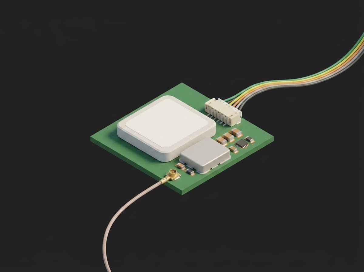 Close-up of a drone GNSS receiver module: ceramic patch antenna, RF shield can over the LNA and receiver chip, U.FL antenna connector at the board edge and the JST cable to the flight controller.
