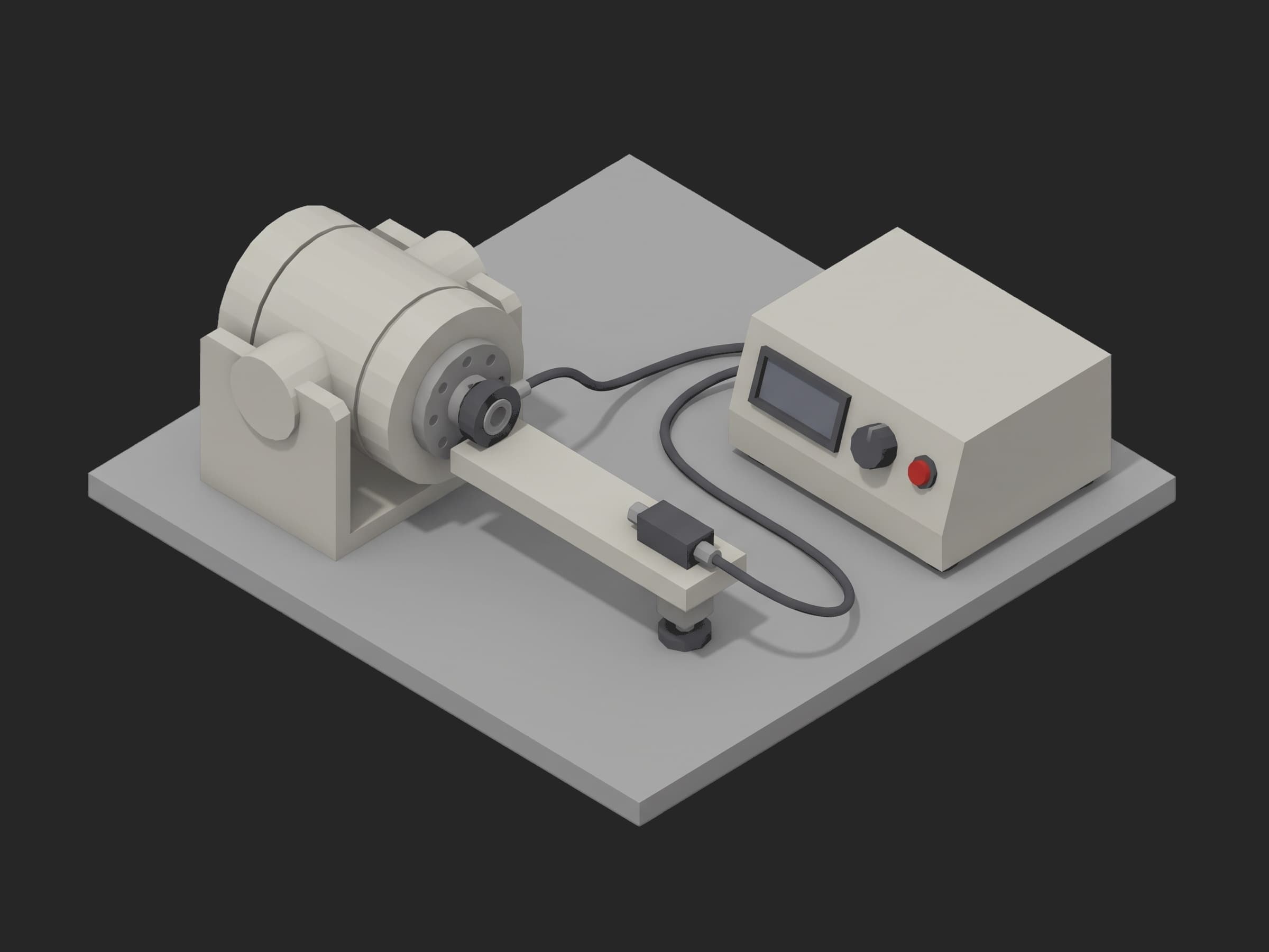Joint module test station: the module in a bracket with a lever arm on its output flange loaded by a small actuator and a ring reference encoder on the axis, cabled to a bench instrument with a red pushbutton on the right.
