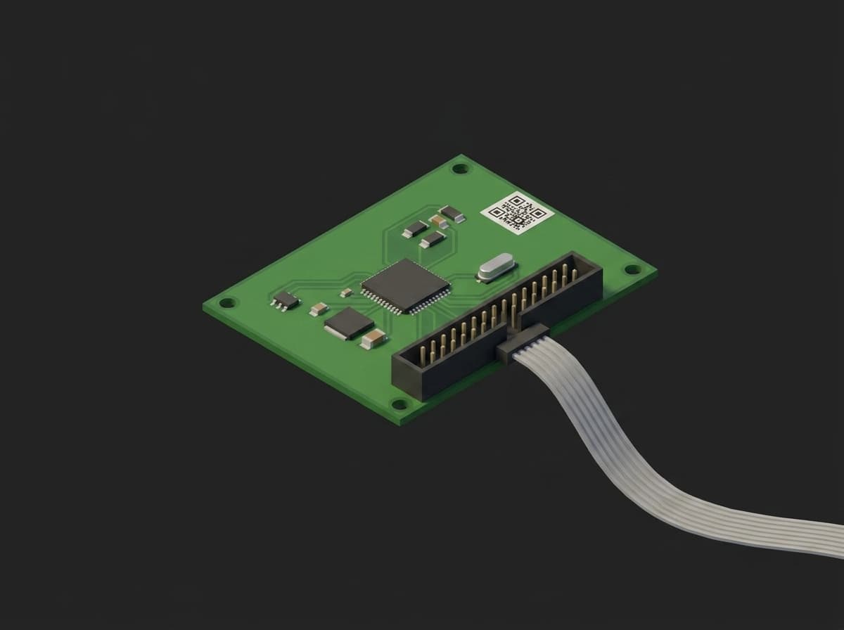 Close-up of the PCB under programming: the microcontroller, the 10-pin SWD debug header with the ribbon cable plugged in, and the data-matrix serial sticker in the board corner.