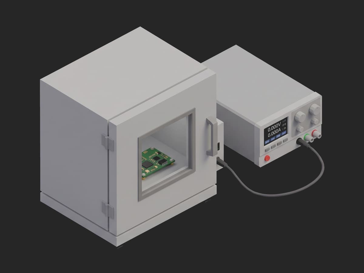 PCDU thermal test bench: a small thermal chamber with the unit visible through its window, a bus source instrument beside it