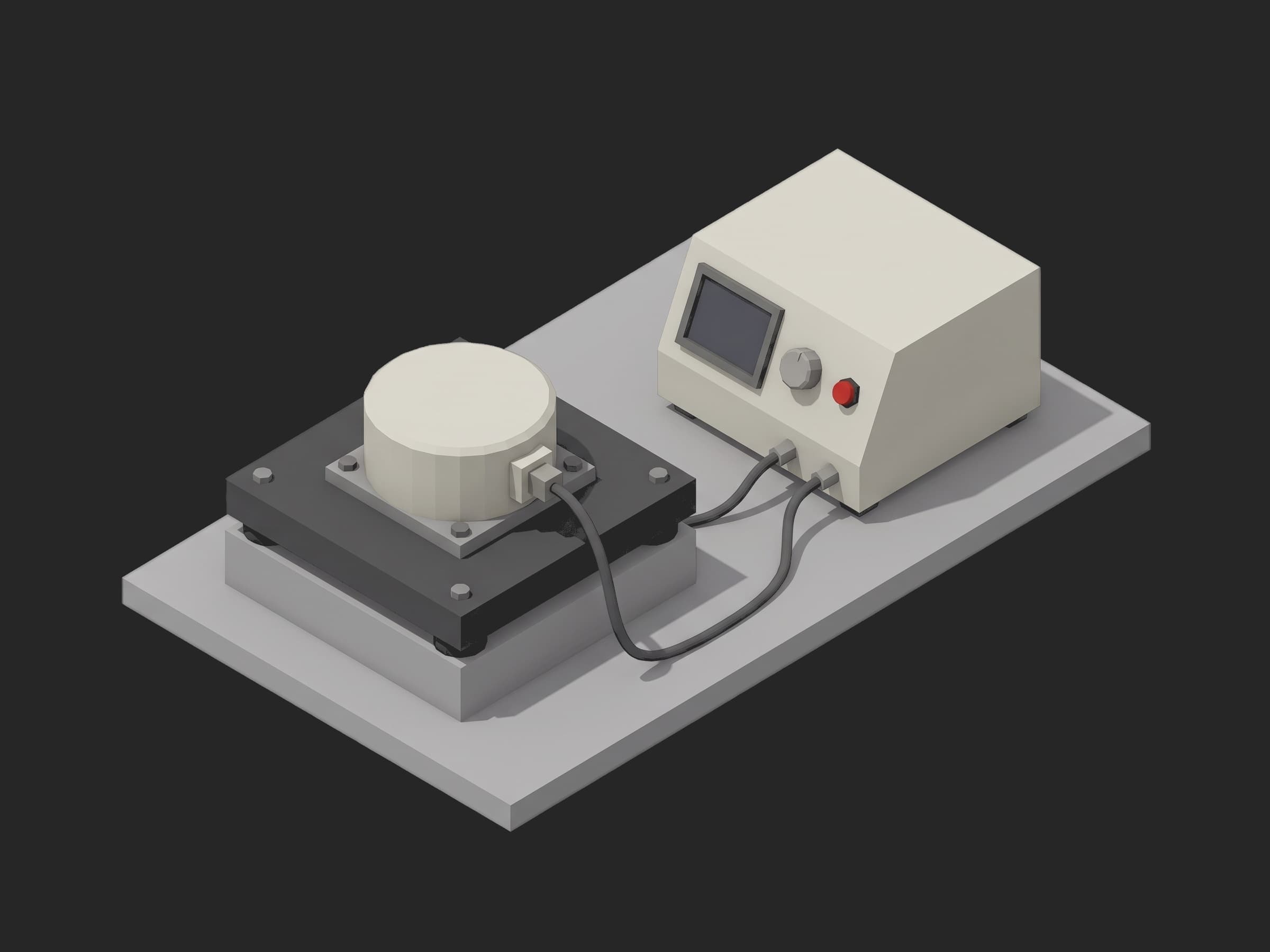Reaction wheel acceptance bench: the wheel can bolted on a dynamometer plate on an isolation block, a bench instrument beside it