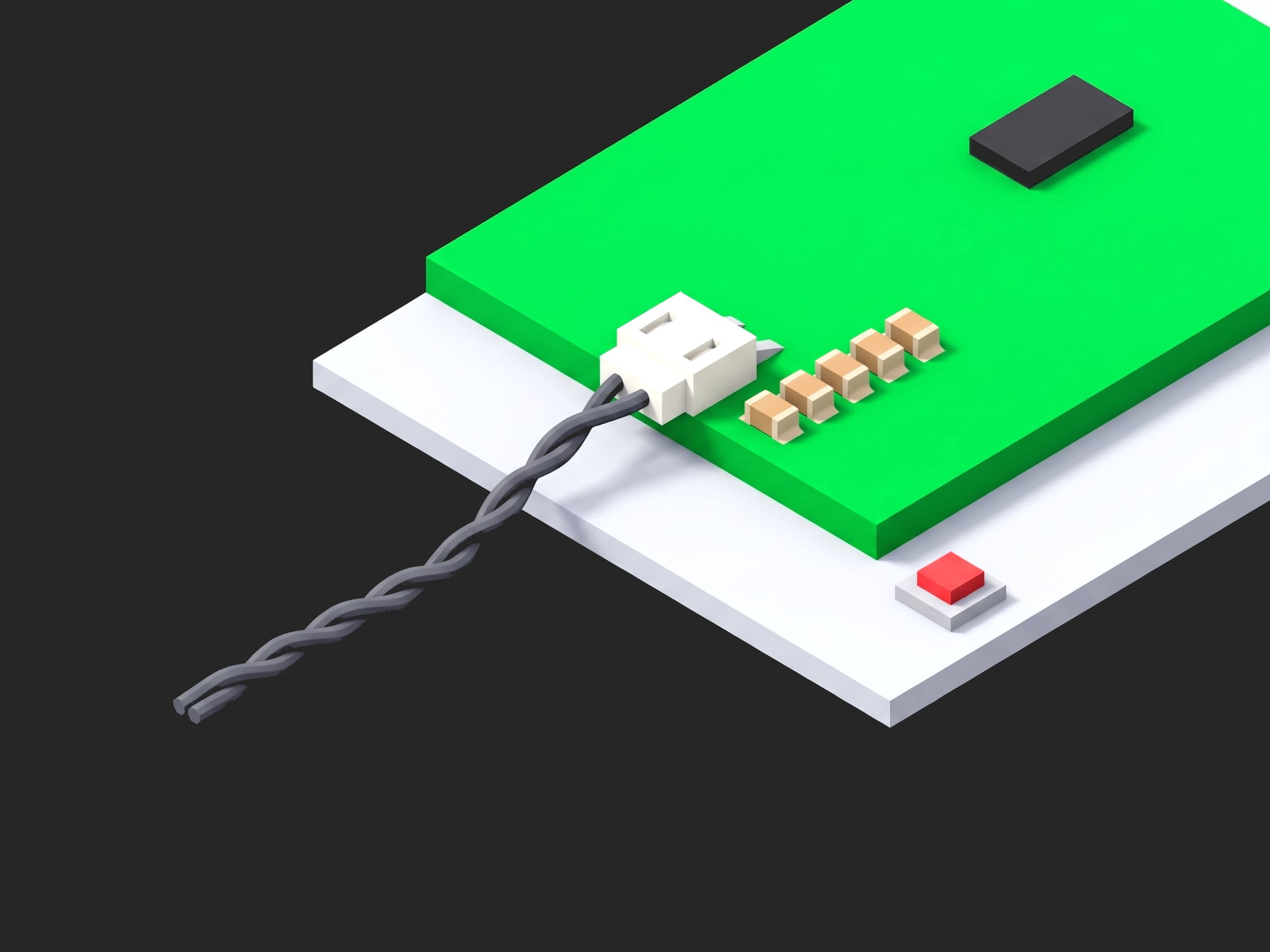 The edge of a cell-monitoring PCBA: the two-pin daisy-chain connector with a twisted pair plugged in, four ceramic isolation capacitors in a row beside it, a chip further in.