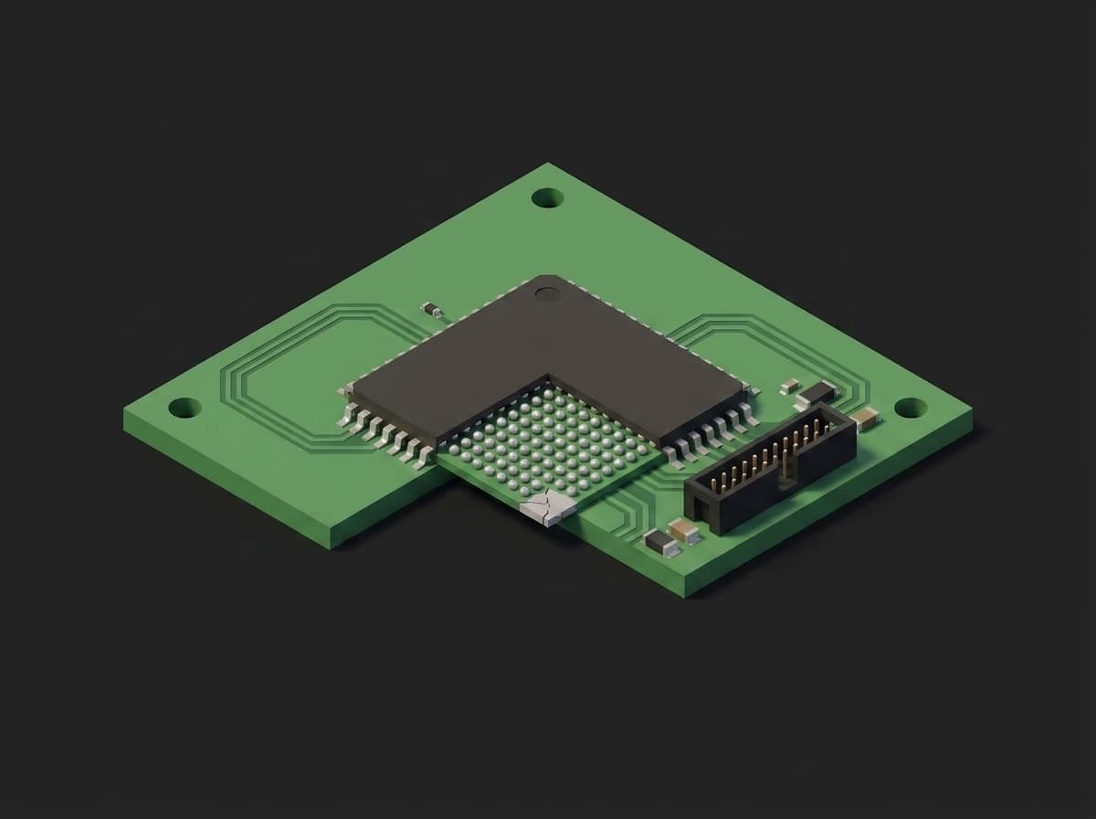 Cutaway under a BGA package: the grid of solder balls between the chip and the board with one joint missing, and the JTAG header at the board edge that reaches it through the boundary scan cells.