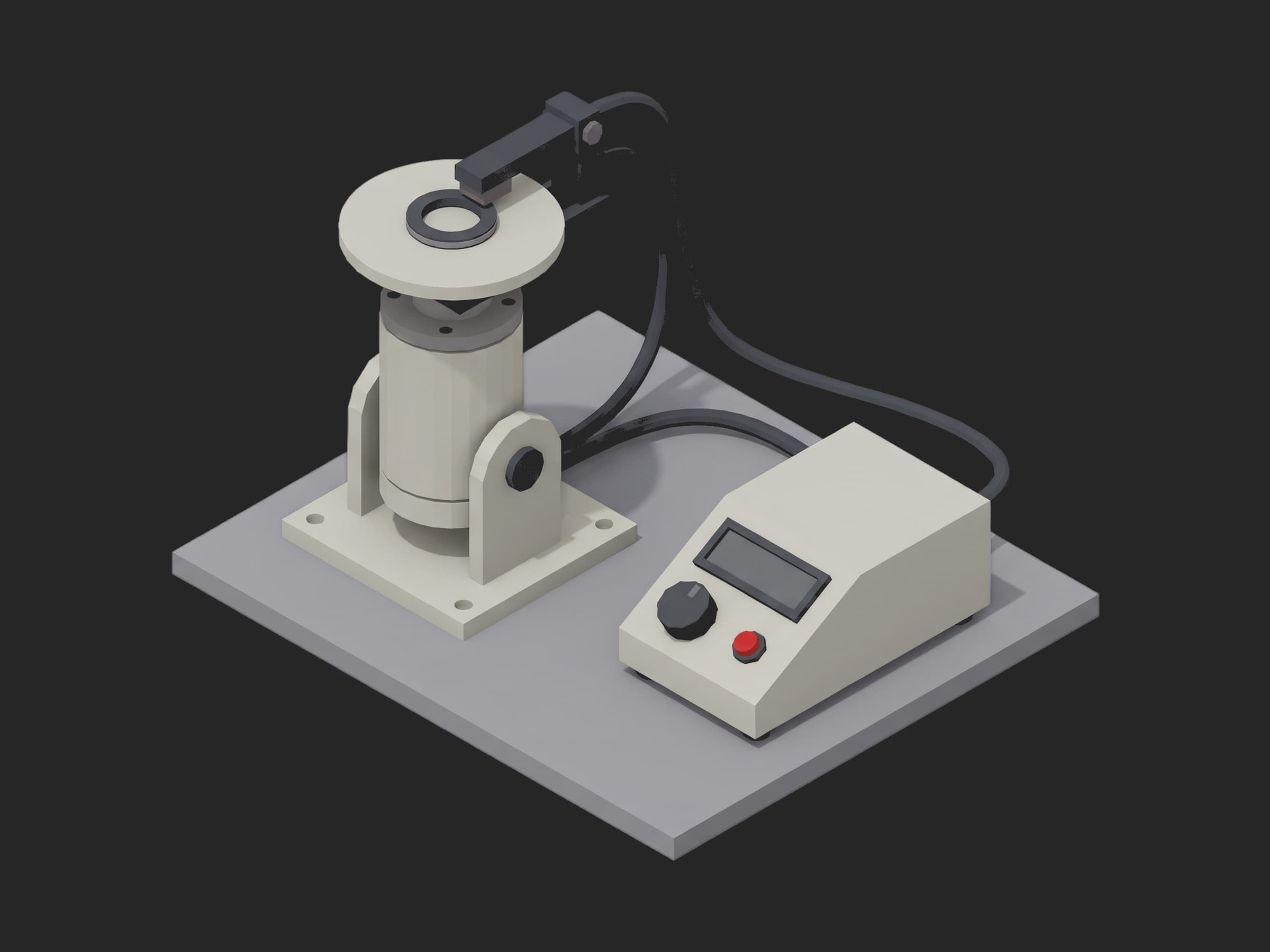 Encoder calibration station: the actuator upright in a bracket with a reference disc on its output flange read by a head on an arm above it, cabled to a bench instrument with a red pushbutton on the right.