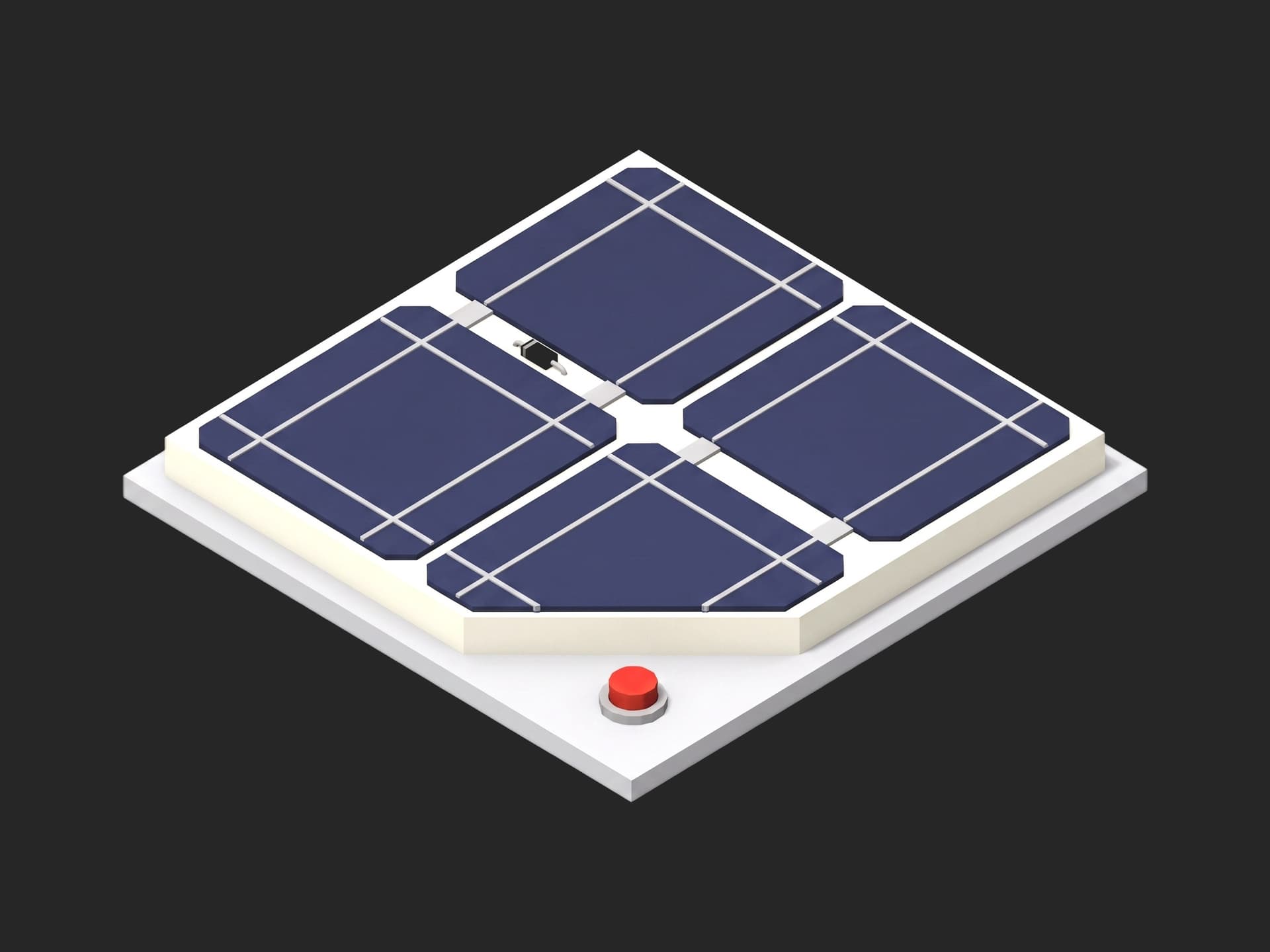 One corner of a satellite solar panel on a plate: dark-blue cells with silver grid lines and interconnect tabs, a small black bypass diode between two of them, the substrate visible at the edge.