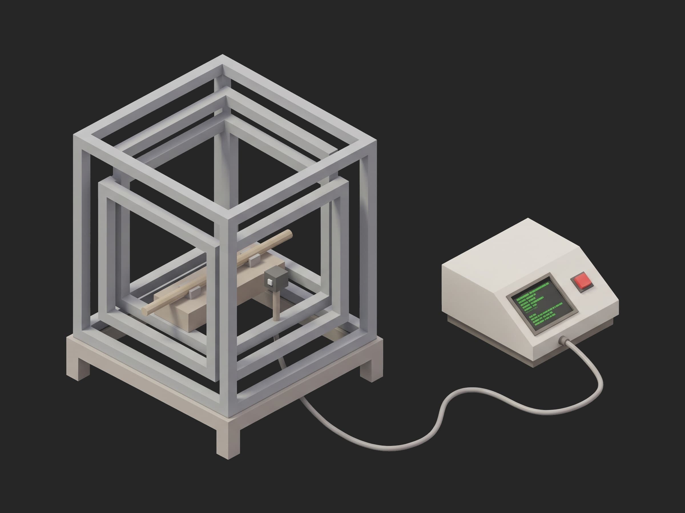 Magnetorquer test bench: a torque rod and its fluxgate at the centre of a cubic Helmholtz cage, a bench instrument beside it
