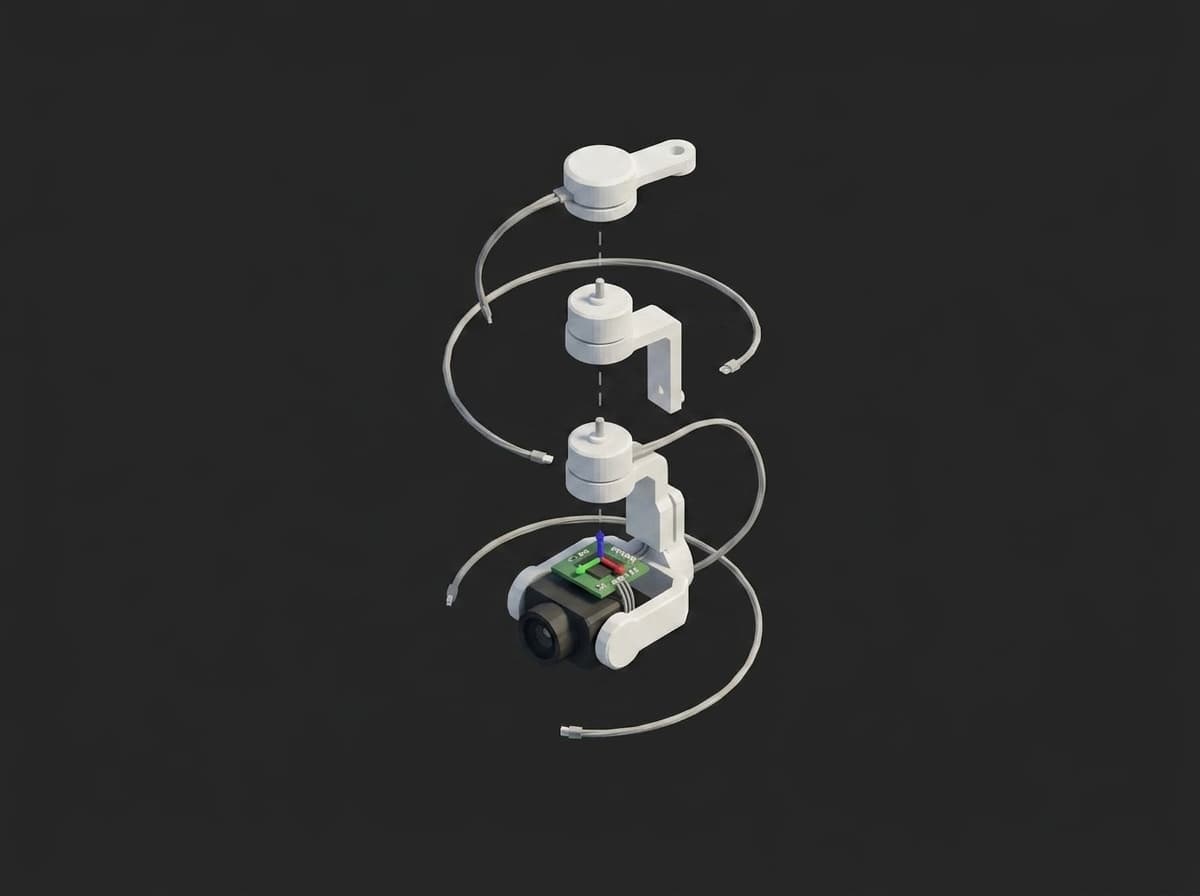 Exploded view of a drone 3-axis gimbal: yaw motor at the top, roll and pitch motors below, the camera tray with its tray IMU at the bottom, and the coiled cable routing signal across the axes.