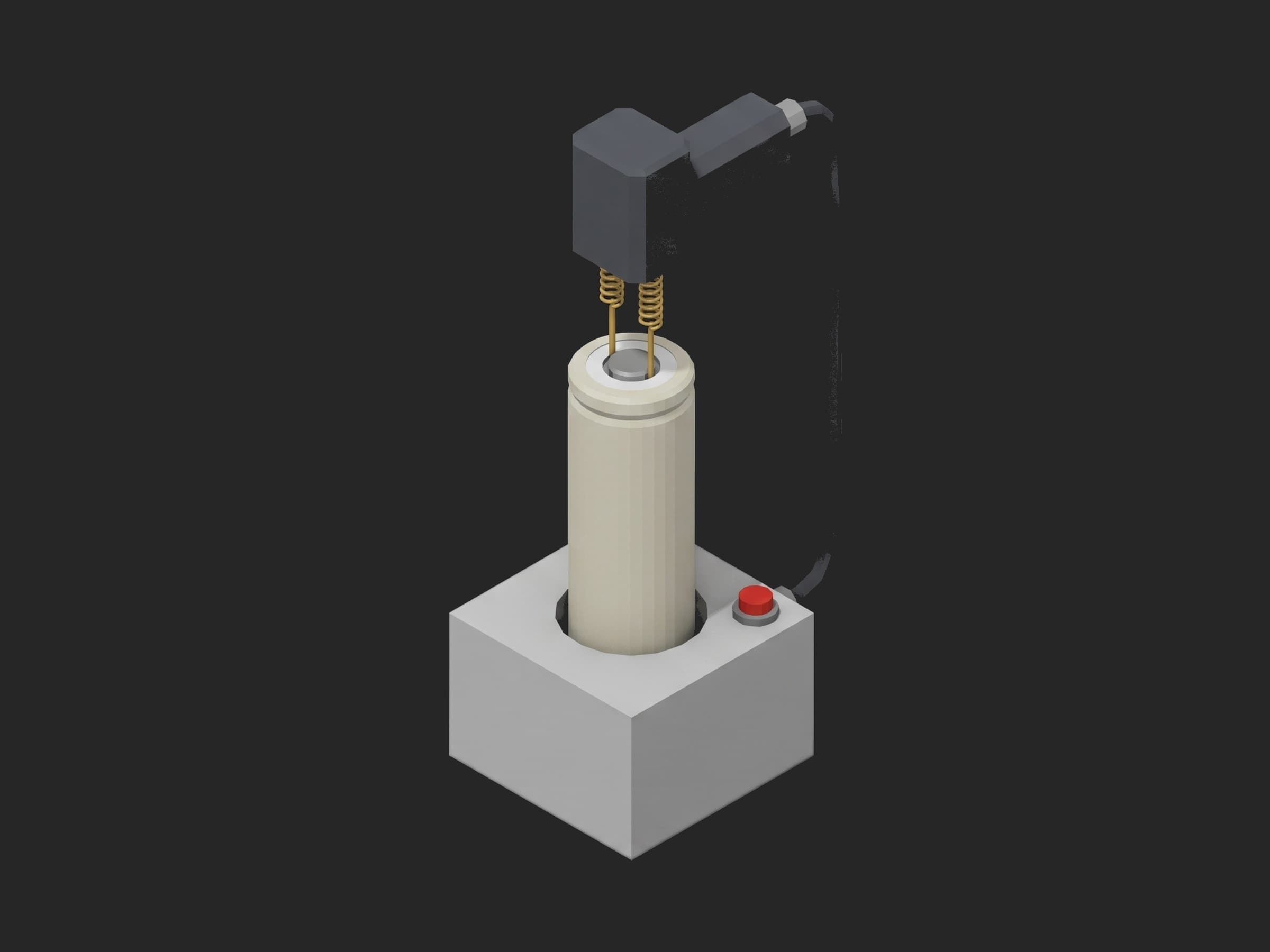 A single 21700 cell standing in a fixture block, a dark probe head above it with two gold spring probes on the positive terminal.