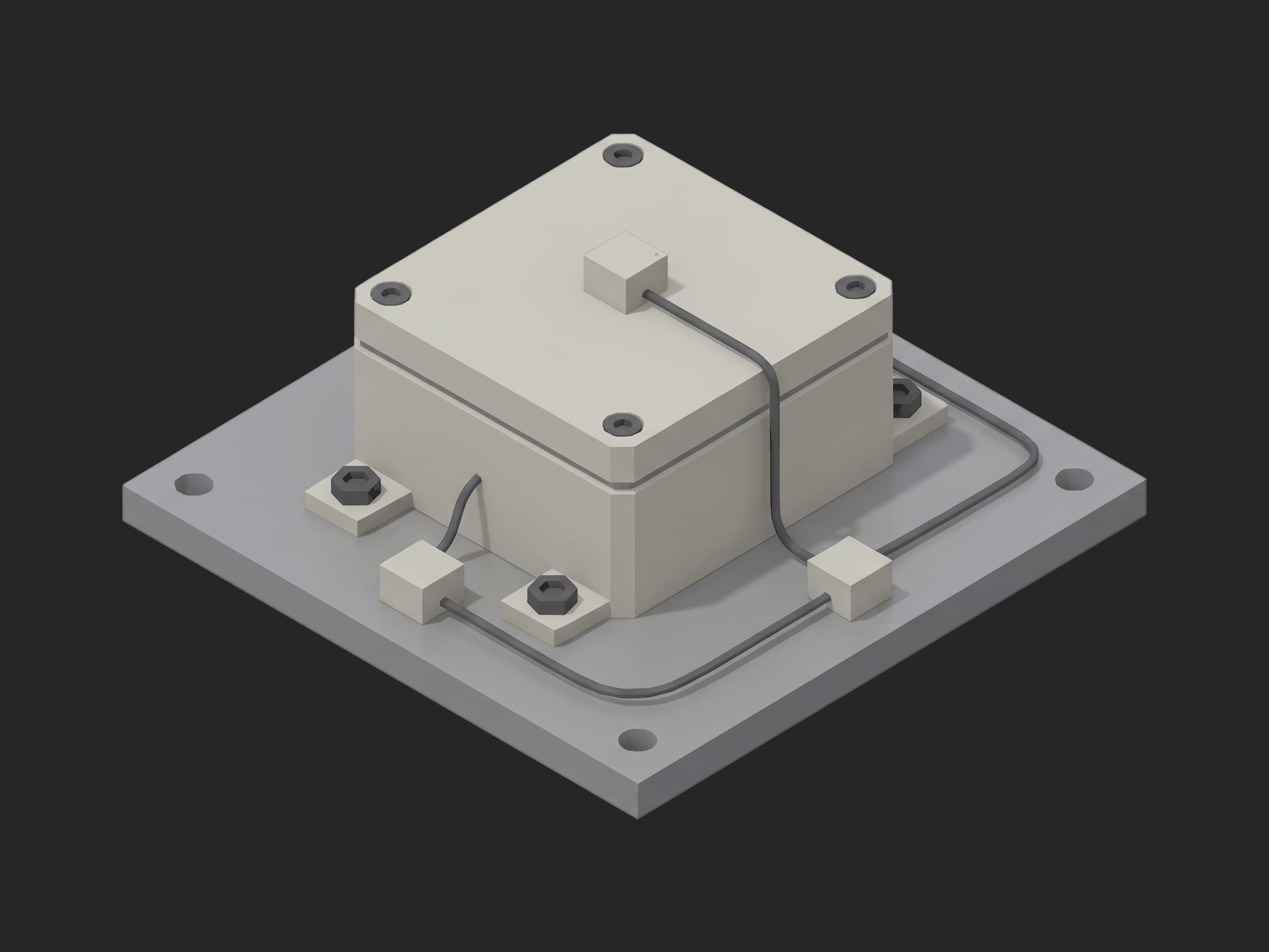 Close-up of an electronic unit bolted on a fixture plate with a control accelerometer on the plate and a response accelerometer on the unit