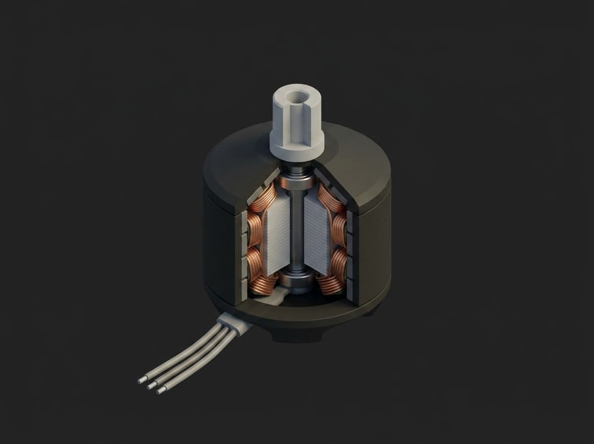 Cutaway of a drone brushless outrunner motor showing the bell, stator windings, magnet ring, shaft and the top and bottom ball bearings.