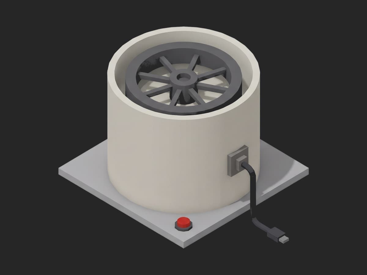 Close-up of a reaction wheel can with the lid removed, the flywheel rim visible inside, one connector on the side