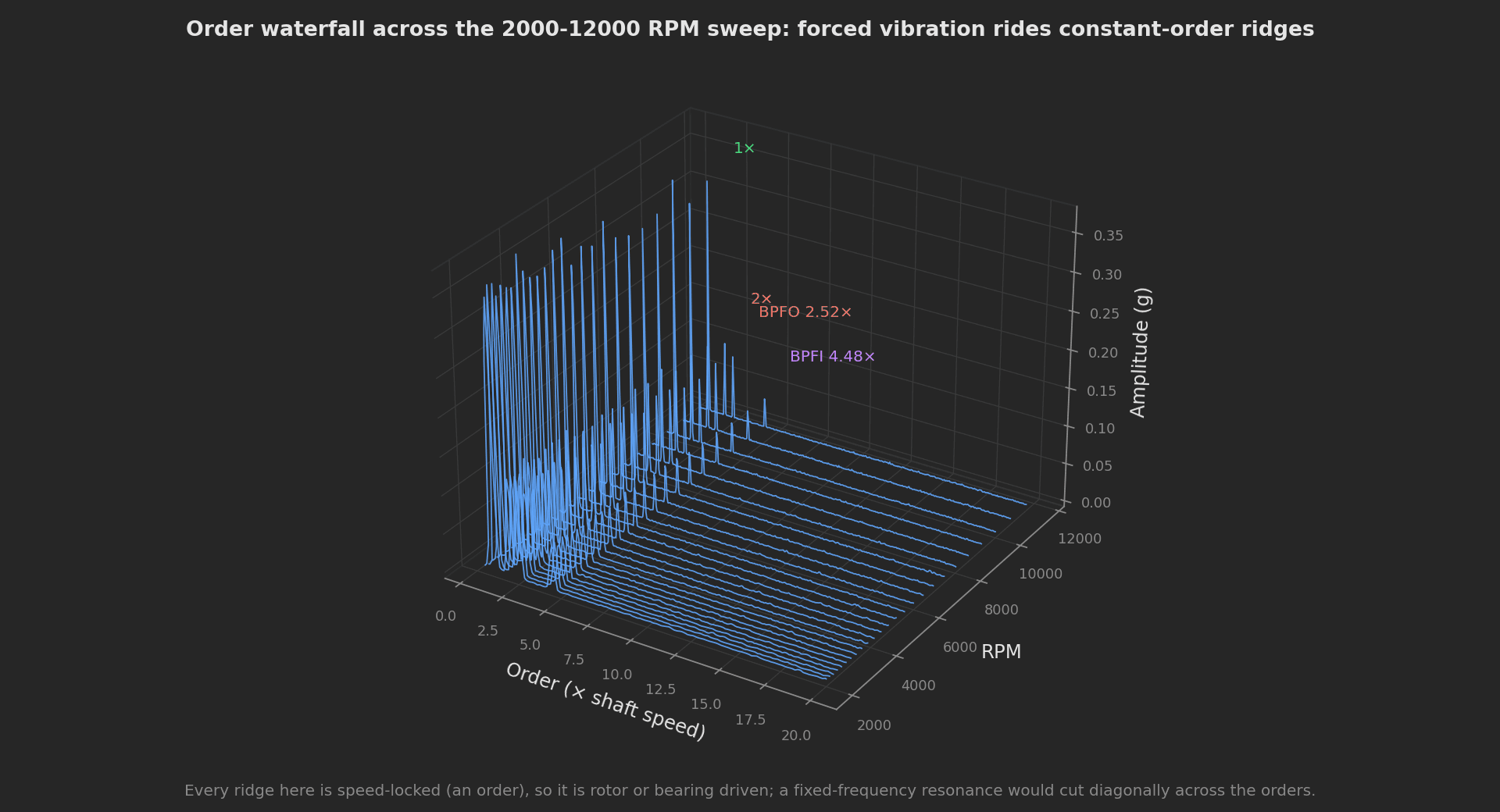 3D waterfall of the sweep spectra plotted against order and RPM: the 1×, 2×, BPFO and BPFI content forms constant-order ridges across the whole 2000-12000 RPM range.
