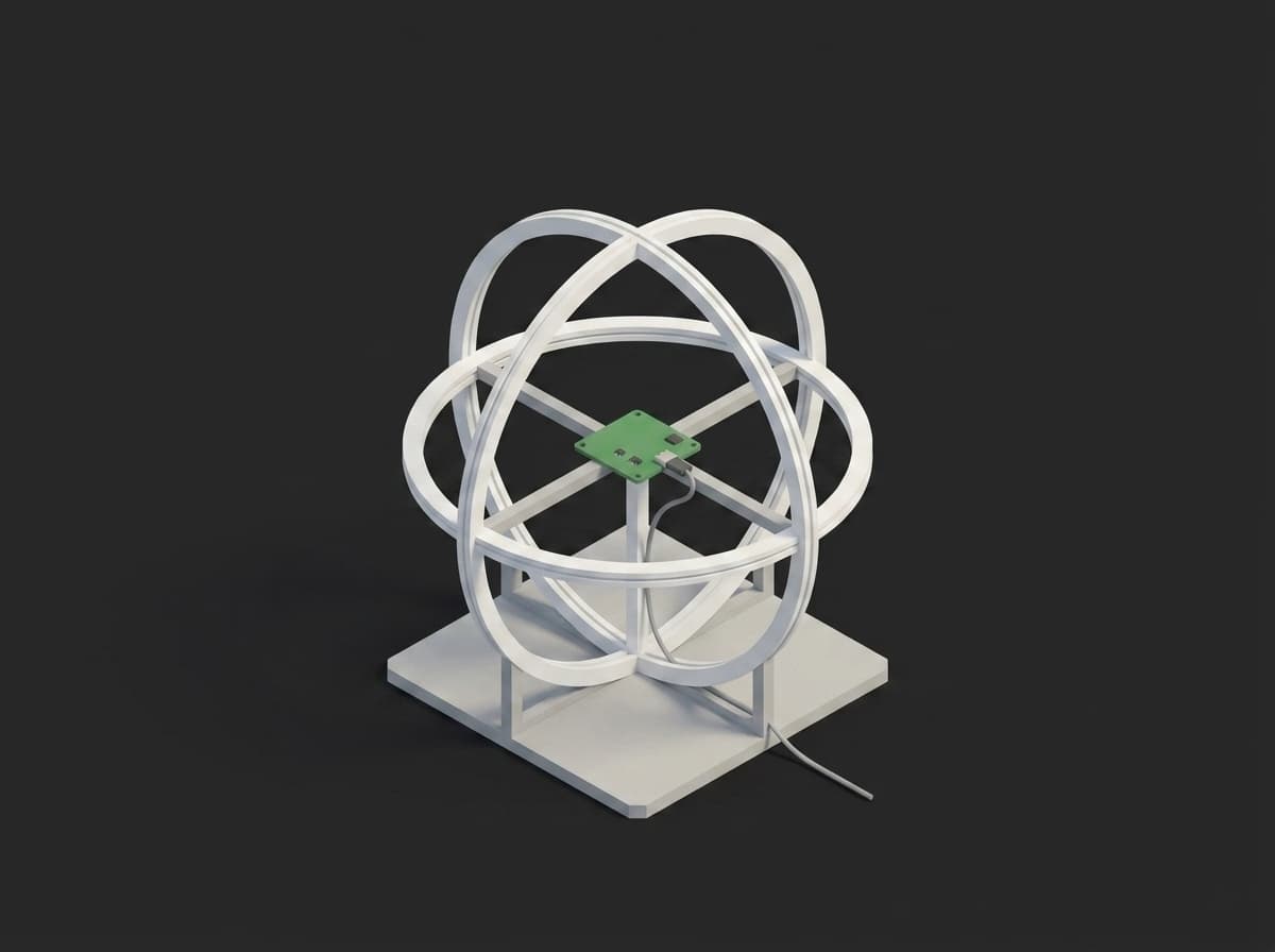Three-axis Helmholtz coil with a flight-controller PCBA mounted at the center on a non-magnetic post.