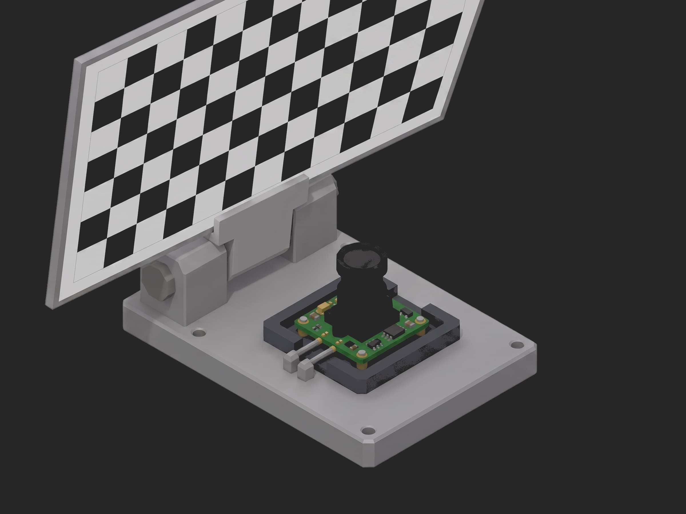 Close-up of the module in its fixture nest with two pogo pins on the board edge, lens pointing up at the tilted chessboard chart on its tilt head.