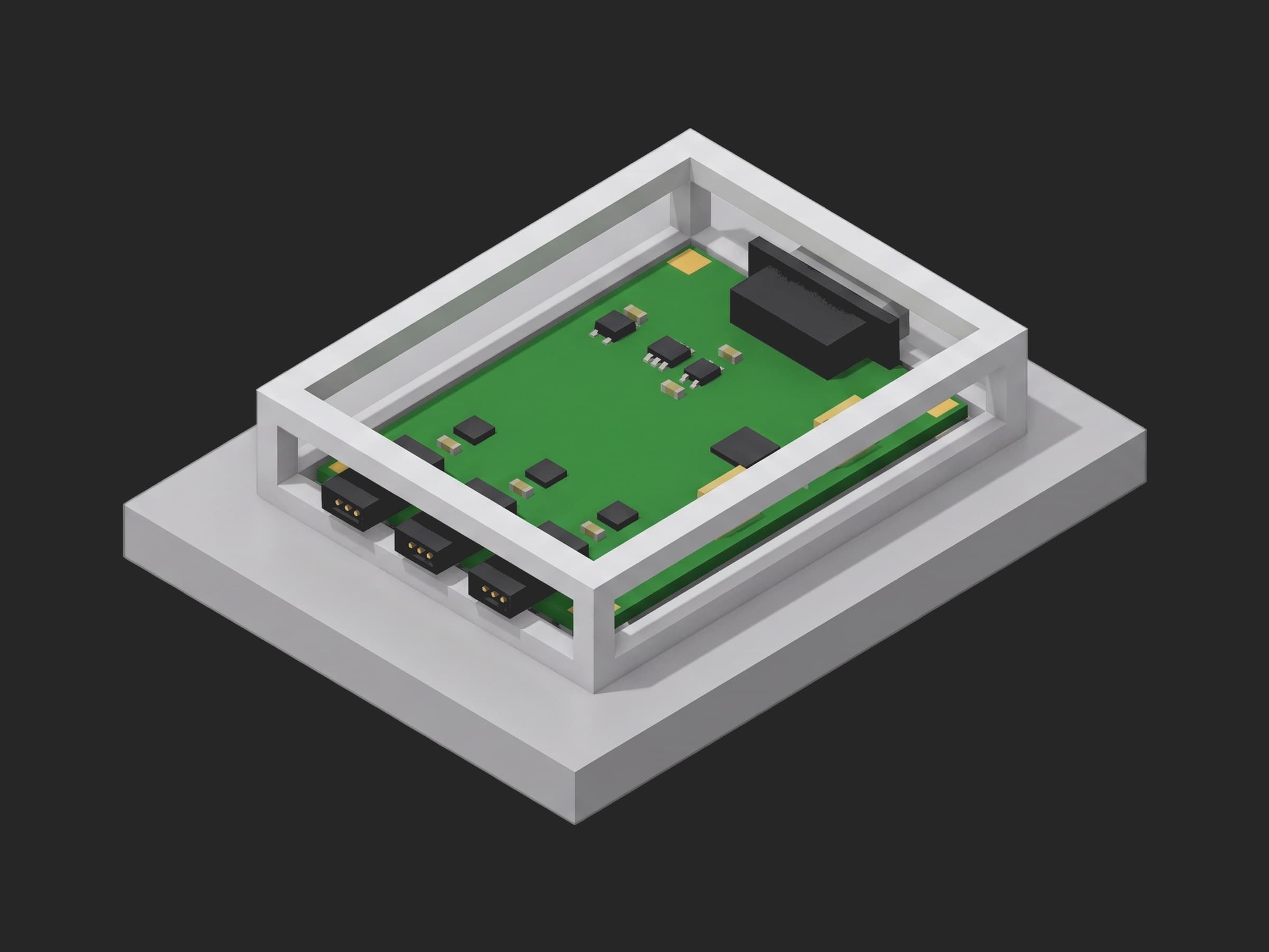 Close-up of a PCDU board in its open aluminium frame, one bus input connector and three rail output connectors