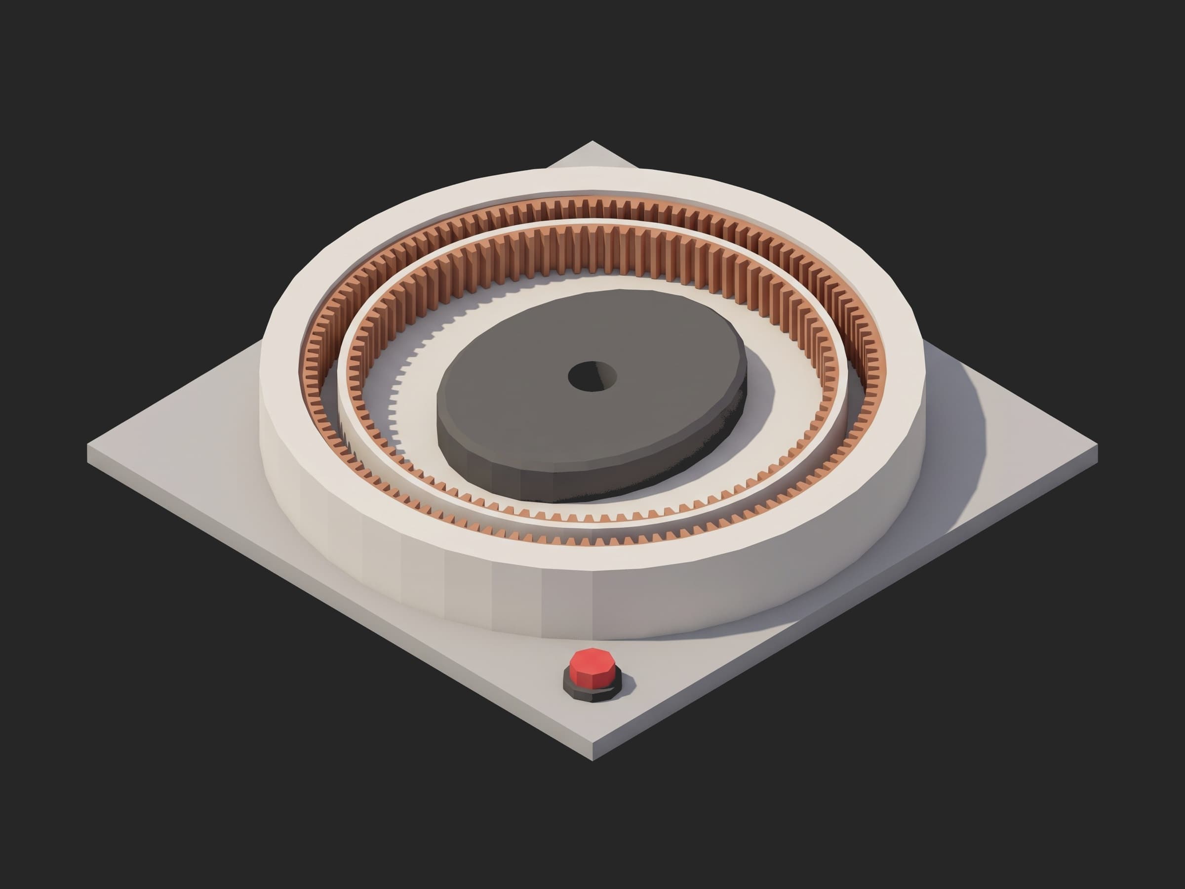 A strain-wave reducer seen from its output side on a plate: the flexible cup's copper teeth inside the rigid ring gear's teeth, the elliptical dark wave generator hub in the center.
