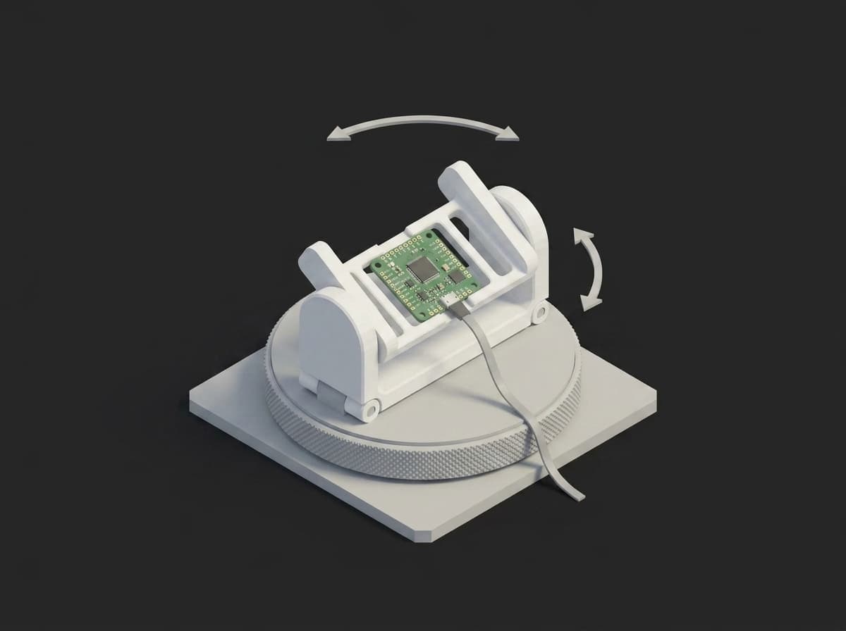 Non-magnetic 3D-printed two-axis cradle holding a flight-controller PCB on a turntable, the default Earth-field rotation jig.