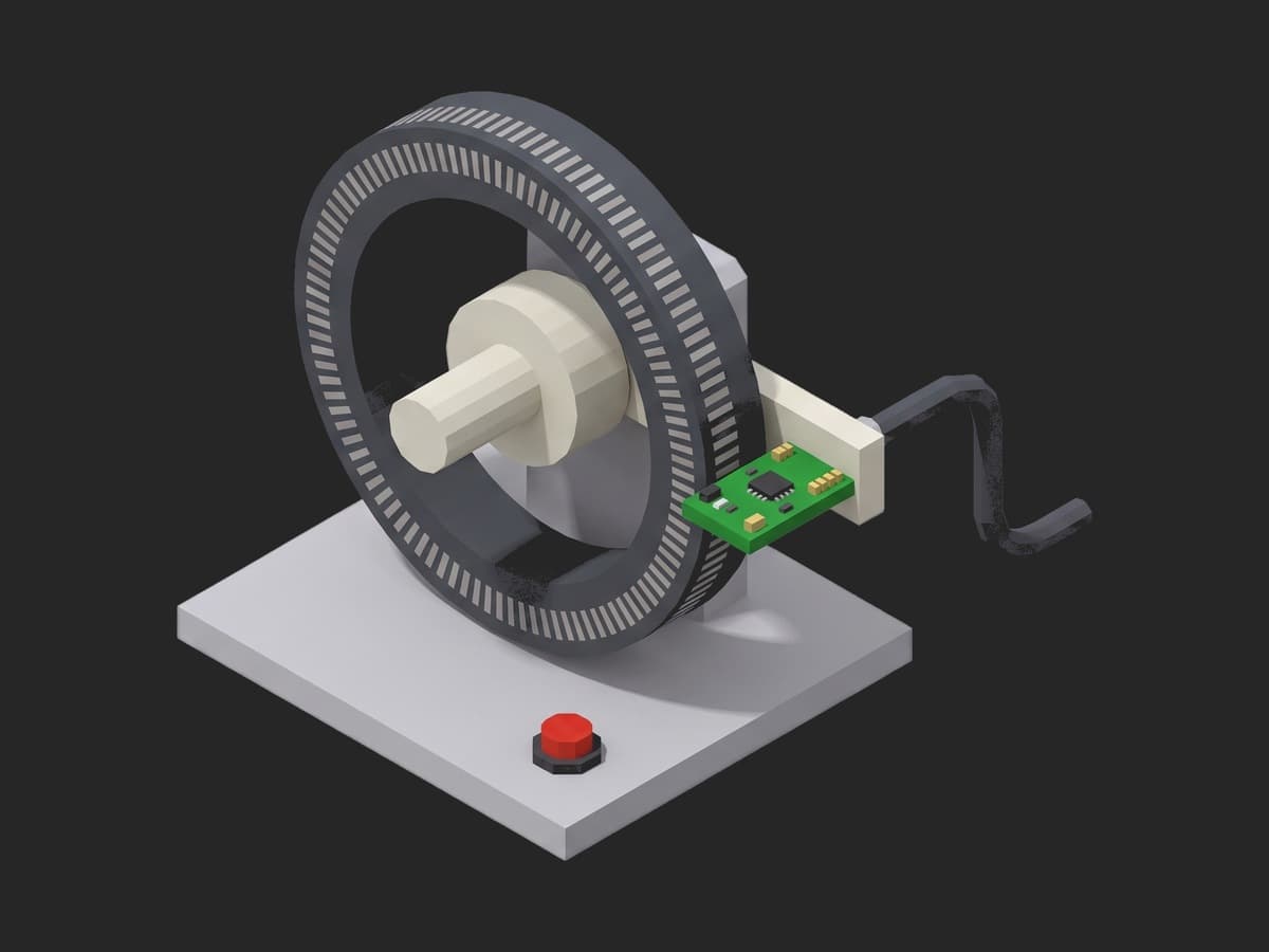 A magnetic ring encoder on a plate: the dark magnet ring with fine segments on a shaft hub, and the small green readhead PCB held beside its rim by a bracket.