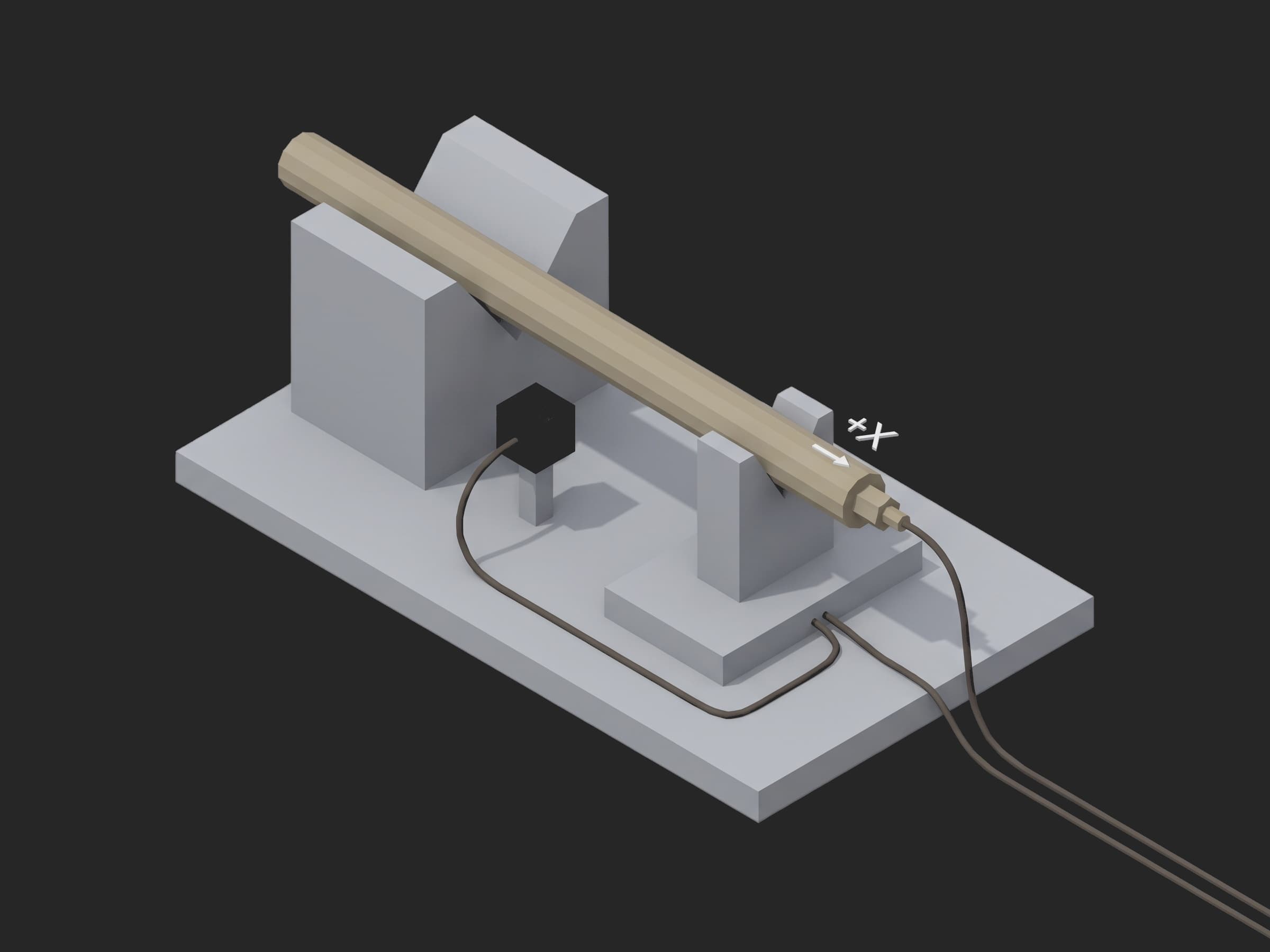 Close-up of a torque rod in its V-block cradle with the +X marking, the fluxgate on a post in line with the rod at a fixed distance