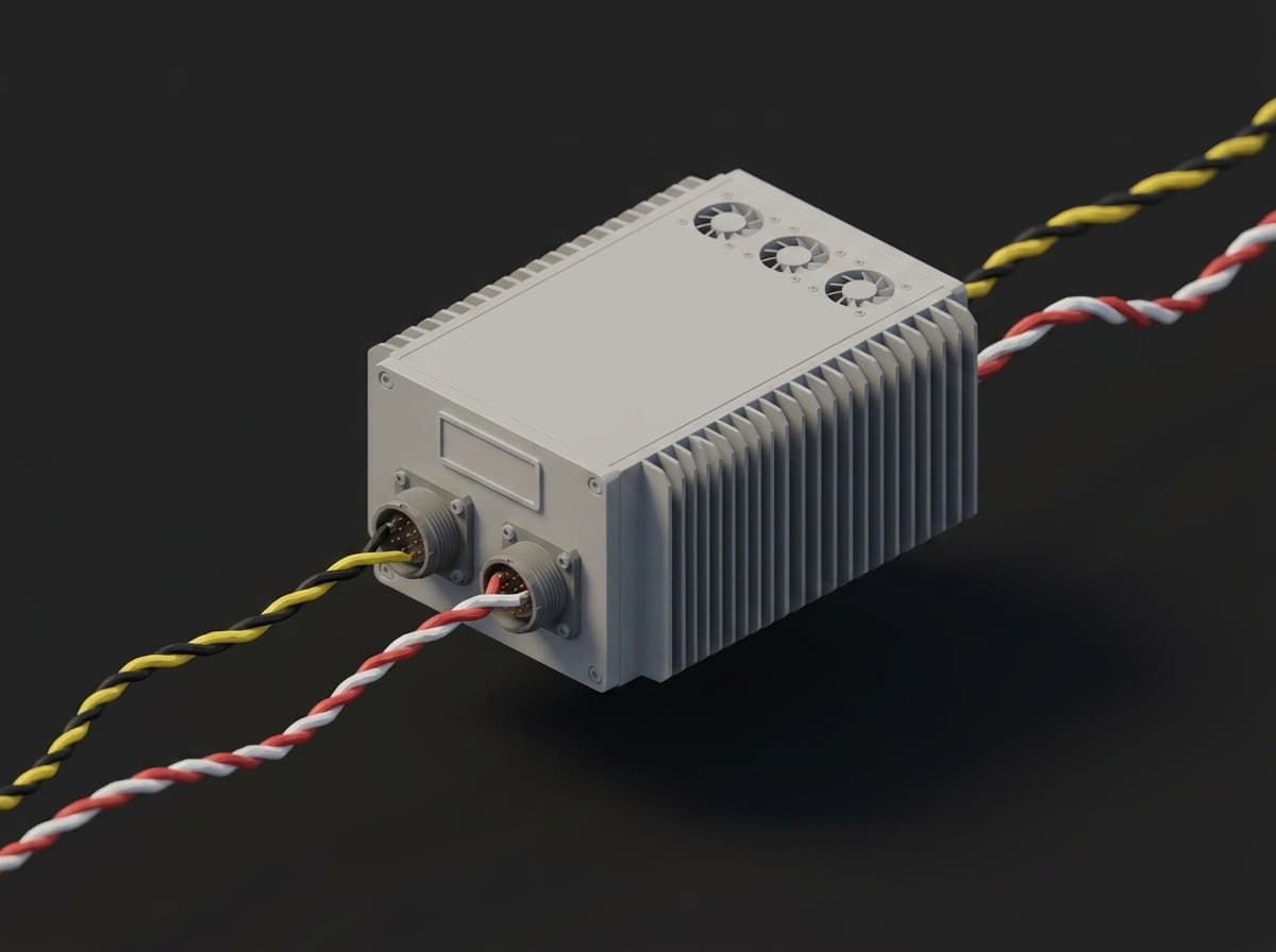 Close-up of an avionics line-replaceable unit: finned aluminium housing, two circular multi-pin connectors on the front face, and the twisted shielded pairs of the ARINC 429 buses plugged in.