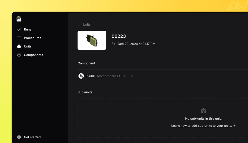 Screenshot of the Unit page showing the test history and details for a specific unit.