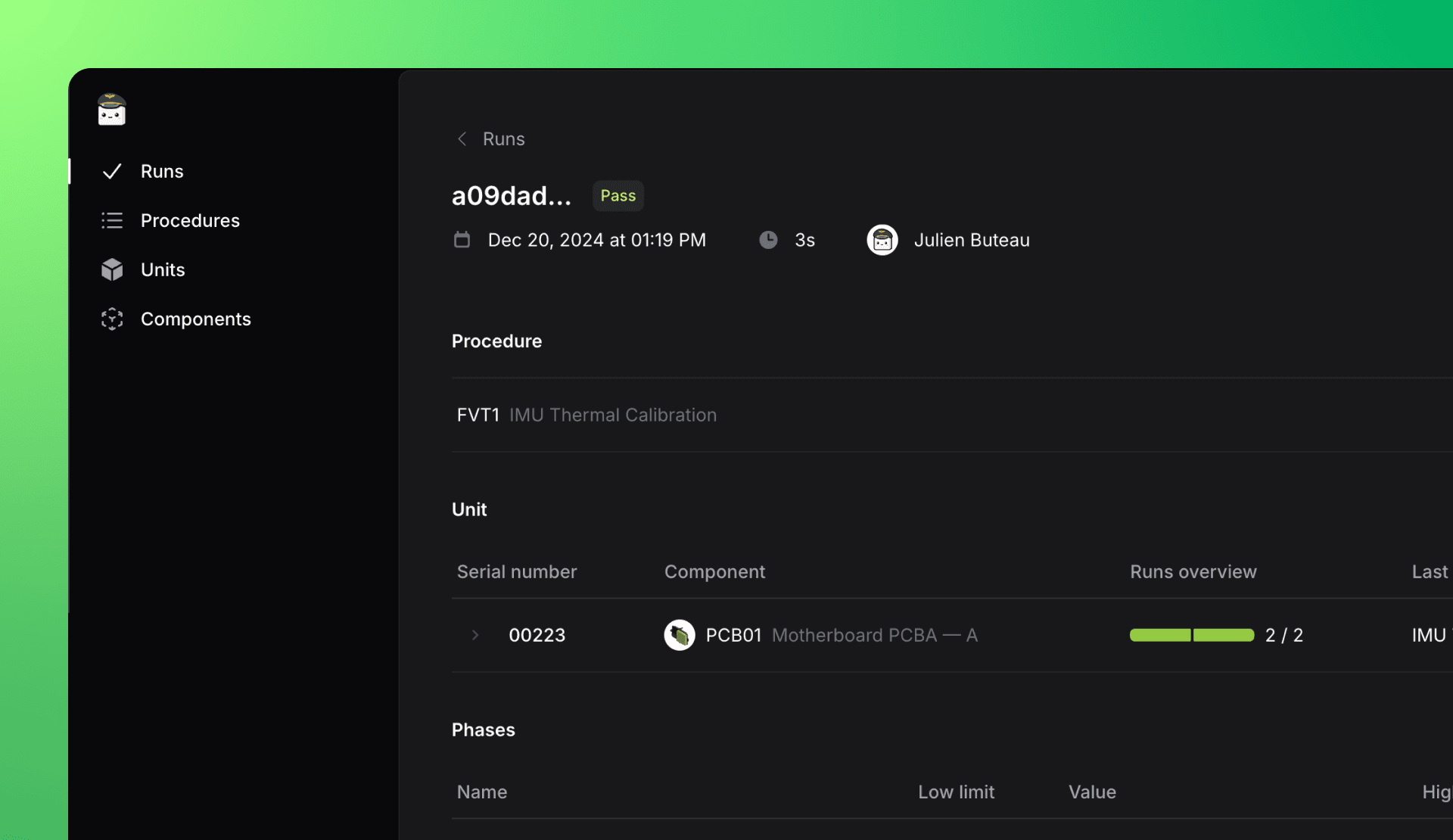 Screenshot of the Run page showing a test report with detailed phases, key measurements, and metrics.