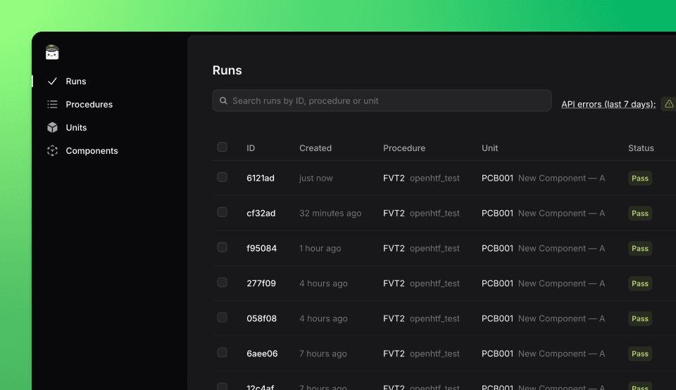 Run page showing the different phases performed for a Unit Under Test (UUT) in OpenHTF with TofuPilot.