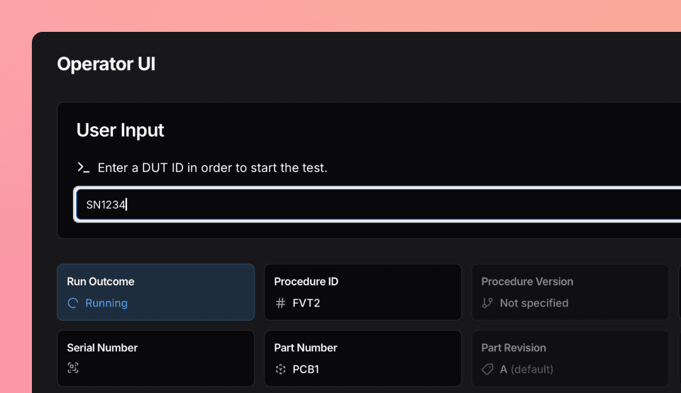 Manual serial number input box with loaded procedure metadata waiting for a DUT ID.