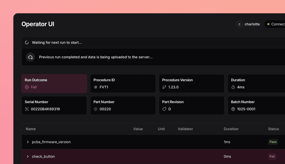 Test view showing procedure metadata, run information, and a completed test waiting for a new prompt.