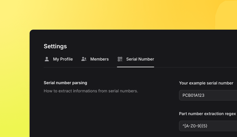 Screenshot of a settings page displaying the Serial Number tab used for parsing serial numbers.