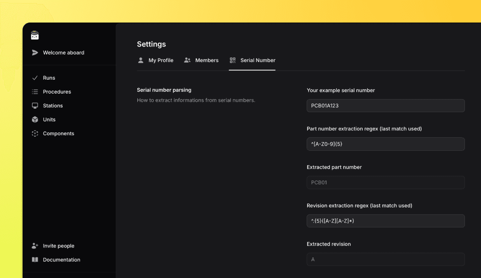 Screenshot of Tofupilot showing the page for managing serial number parsing.