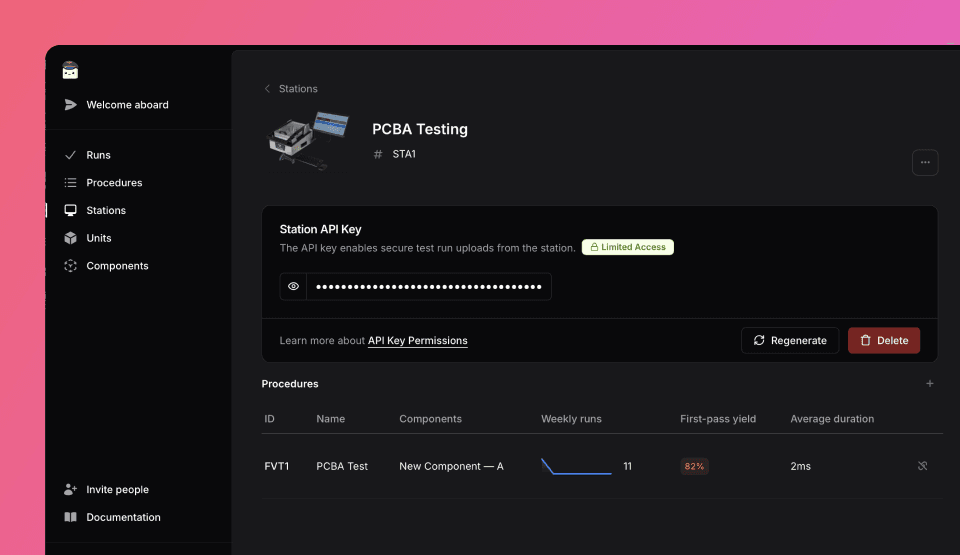 Screenshot of Tofupilot showing how to manage station permissions with API keys and link procedures to stations.