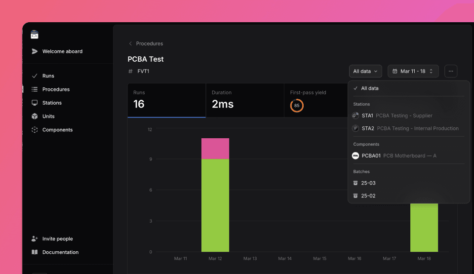 Screenshot showing procedure filters with options to filter by station, component, and batch.