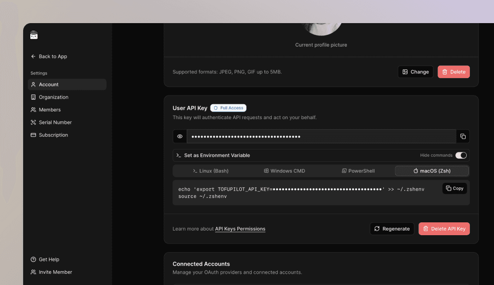 User API key generation dialog